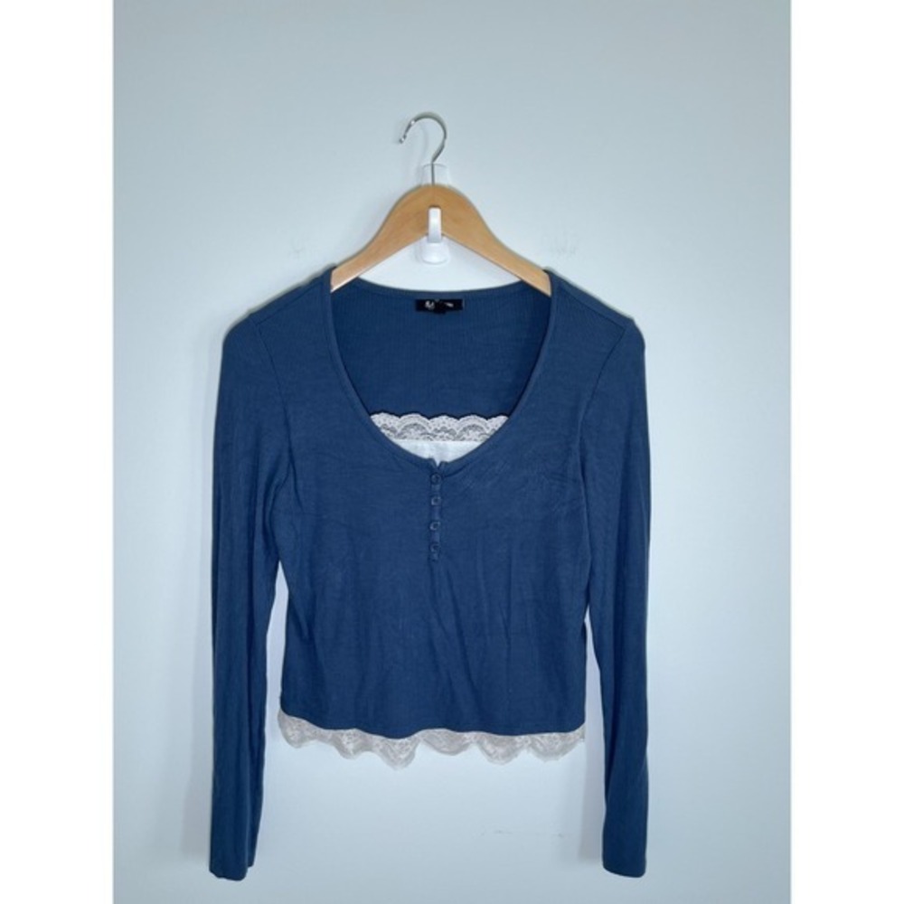 Self Esteem‎ Womens Top L Blue Y2K Coquette Henley Lace Ribbed Layered